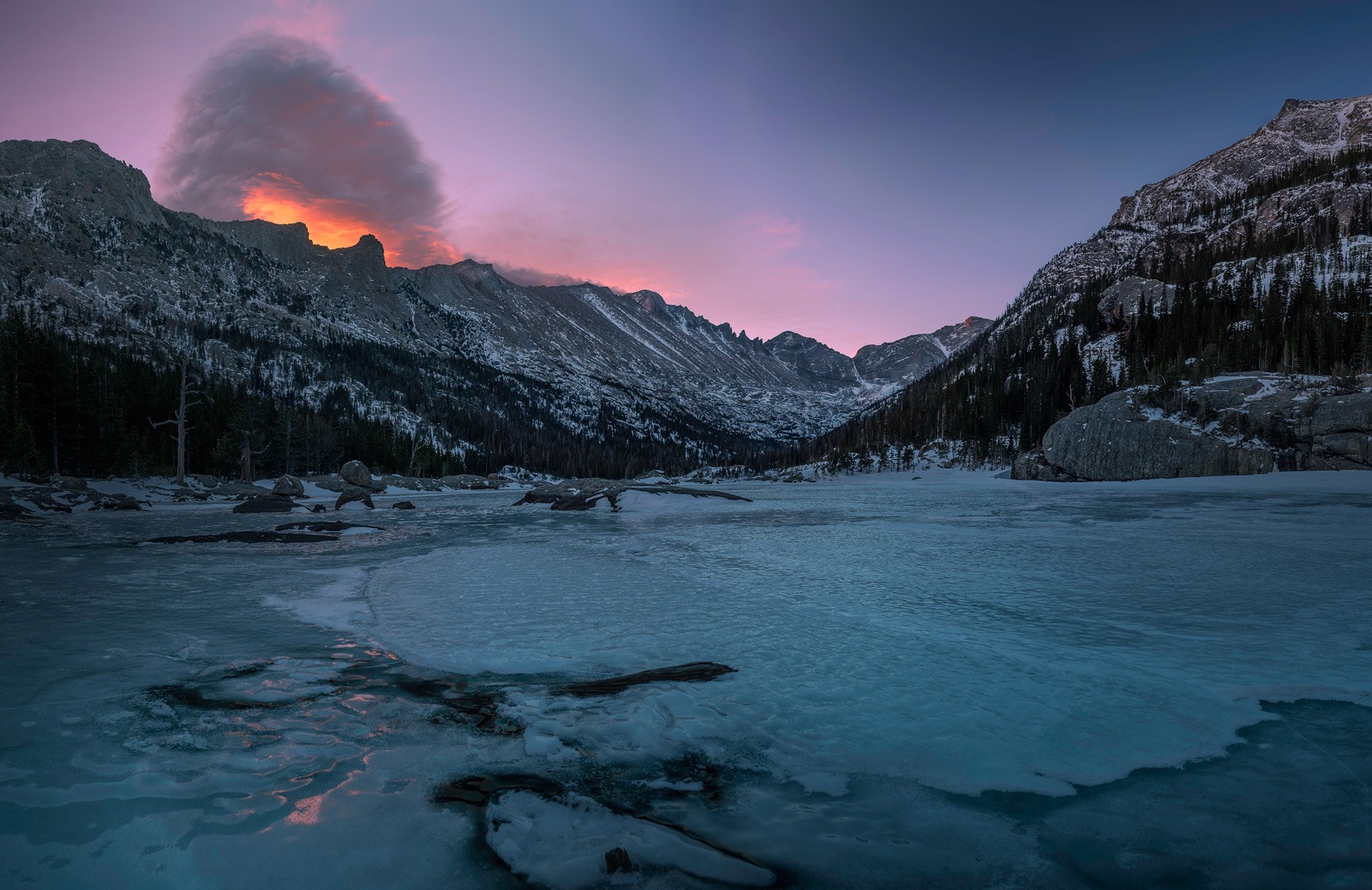 Sunrise at Mills Lake winter Rocky Mountain National Park