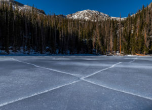 X marks the ice crack in the middle of Ypsilon Lake, looking at Ypsilon Mountain