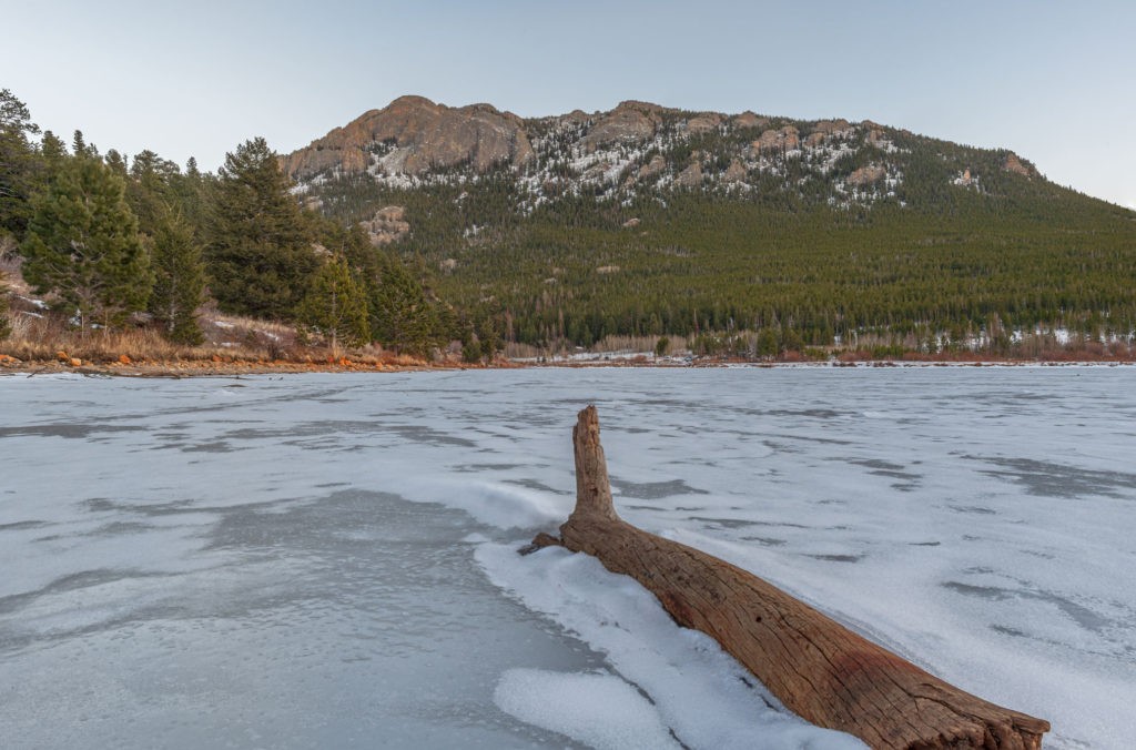 From the frozen surface of Lily Lake looking towards Twin Sisters Peaks