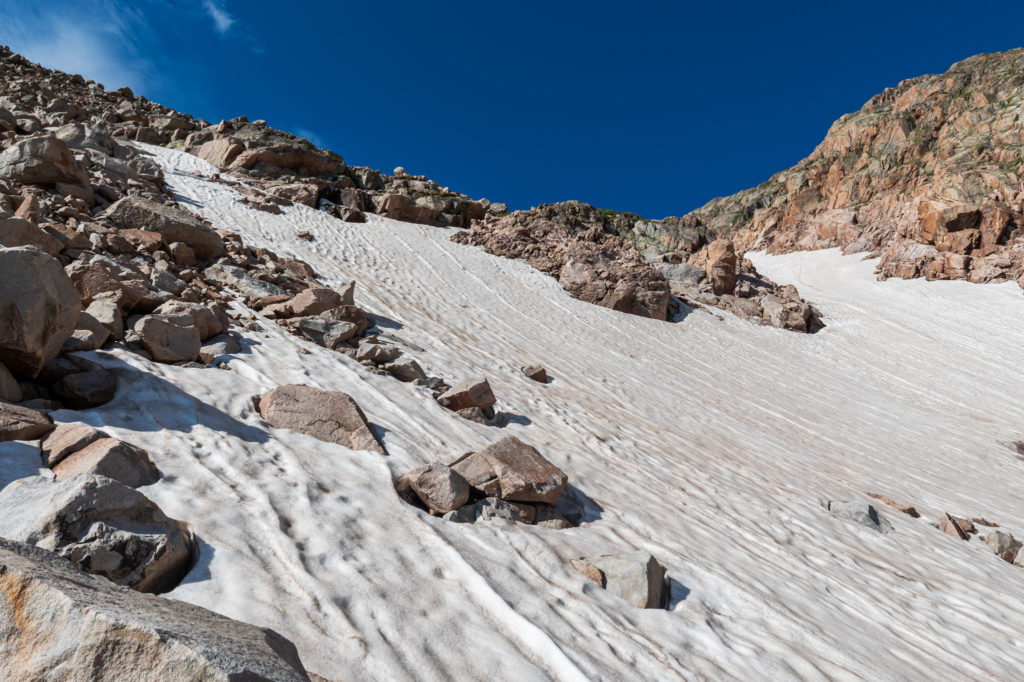 snow covered boulder field near Rowe Glacier