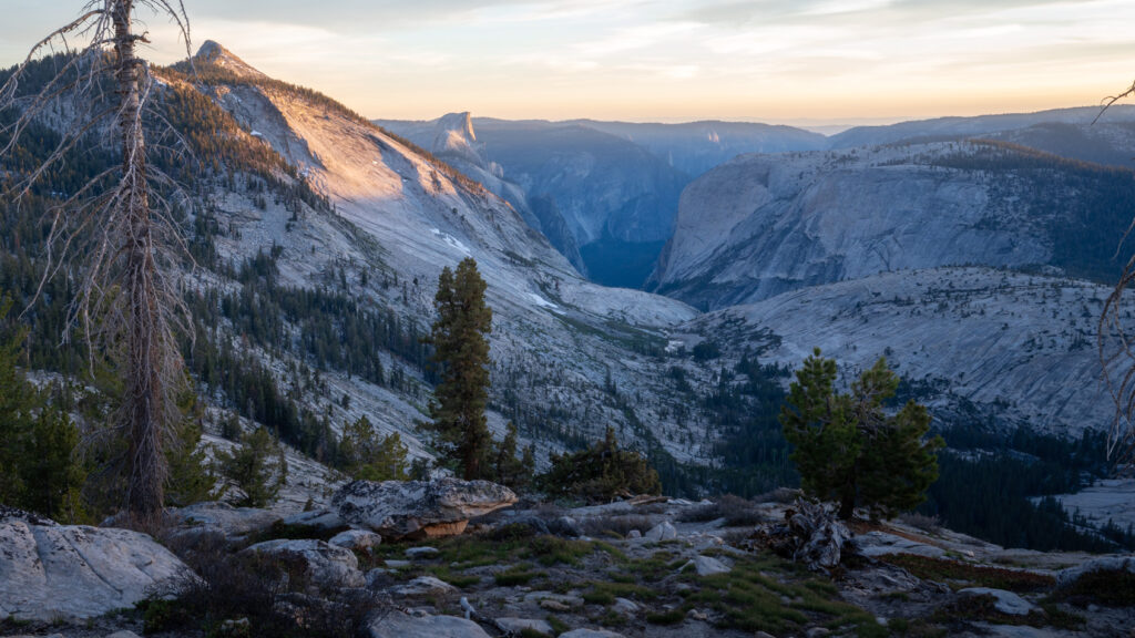 clouds rest, half dome and yosemite valley at sunset